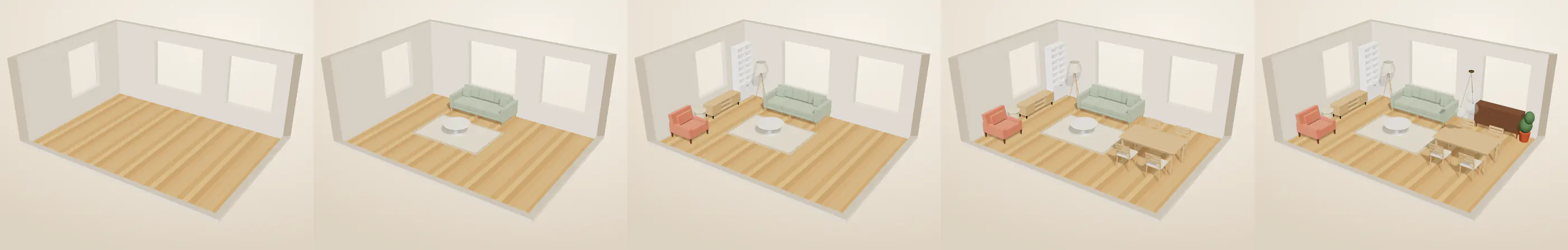 En animasjon: et tomt rom blir møblert steg for steg, først sofa og teppe, så lenestol, TV-benk og bokhylle, så spisebordet, og til slutt skjenk og taklampe.