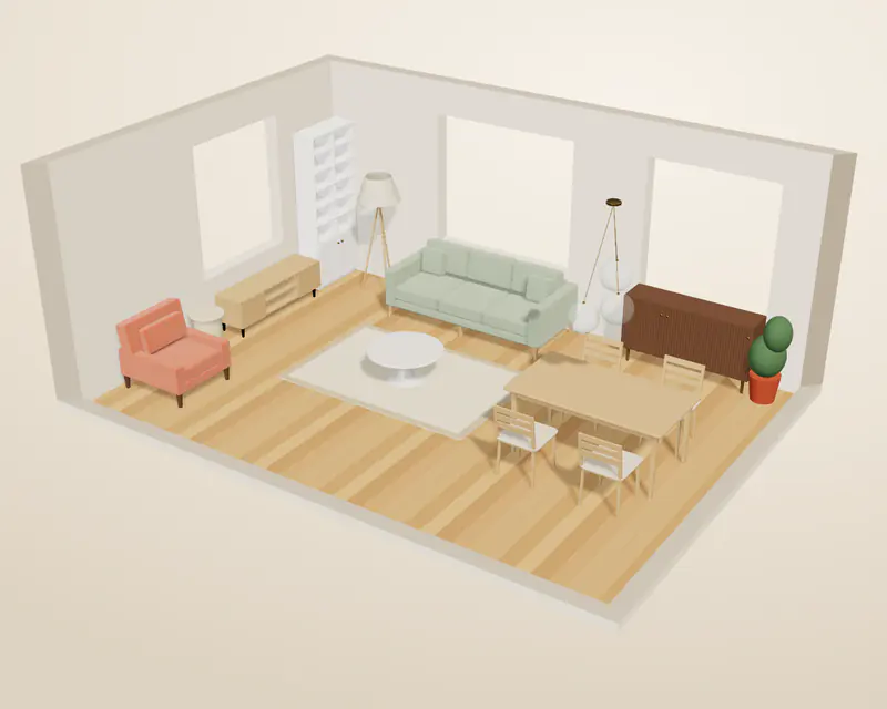 En stue og et spiseområde i 3D, sett skrått ovenfra i dagslys: en salvegrønn sofa, en terrakotta lenestol, et teppe, en TV-benk, en bokhylle og et spisebord med fire stoler. Modellene er laget av CadOrbit.