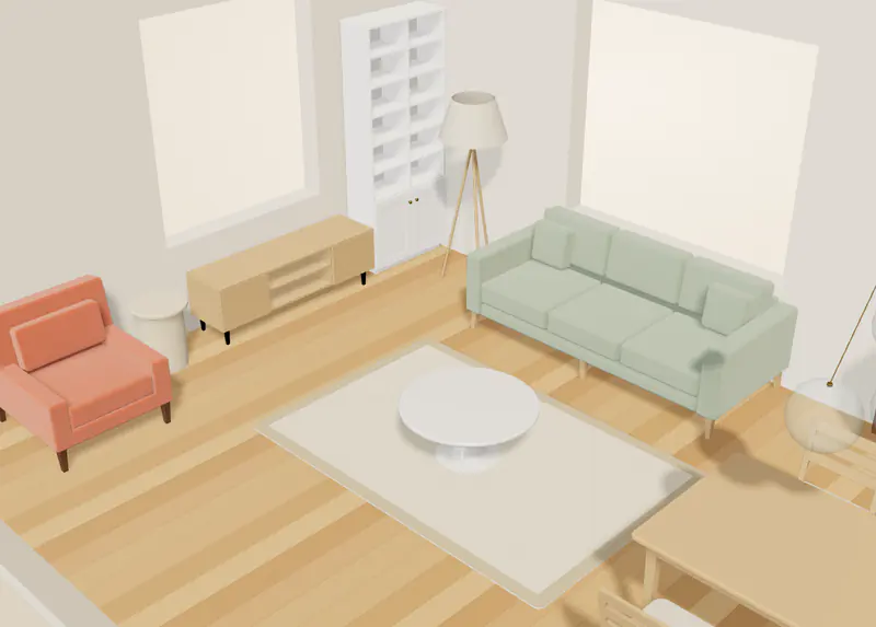 Stuen i 3D sett fra nært hold: sofa, lenestol, TV-benk, bokhylle og et teppe med sofabord.