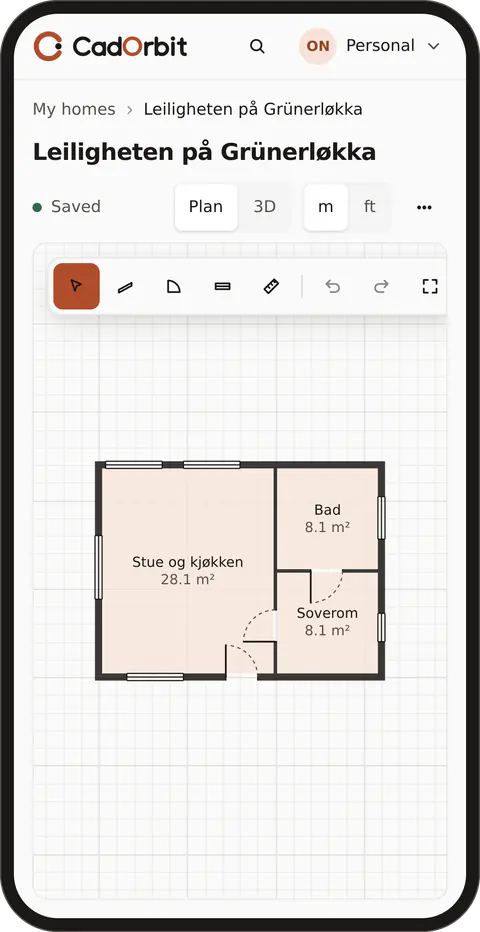 CadOrbit på en mobil: planen av en leilighet med verktøylinje nederst.
