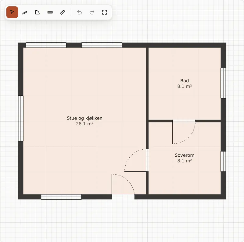 Redigeringen av en leilighet i CadOrbit: en 2D-plan med tre rom, vegger, dører og vinduer, og målene på veggene.