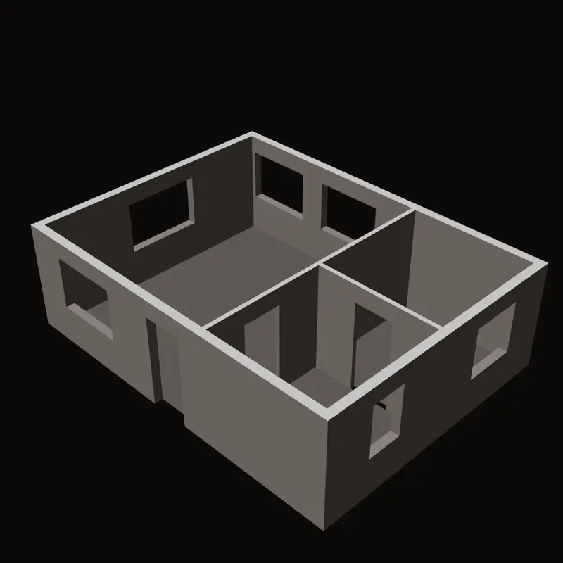 Den samme leiligheten i 3D, sett fra siden med takene tatt bort.