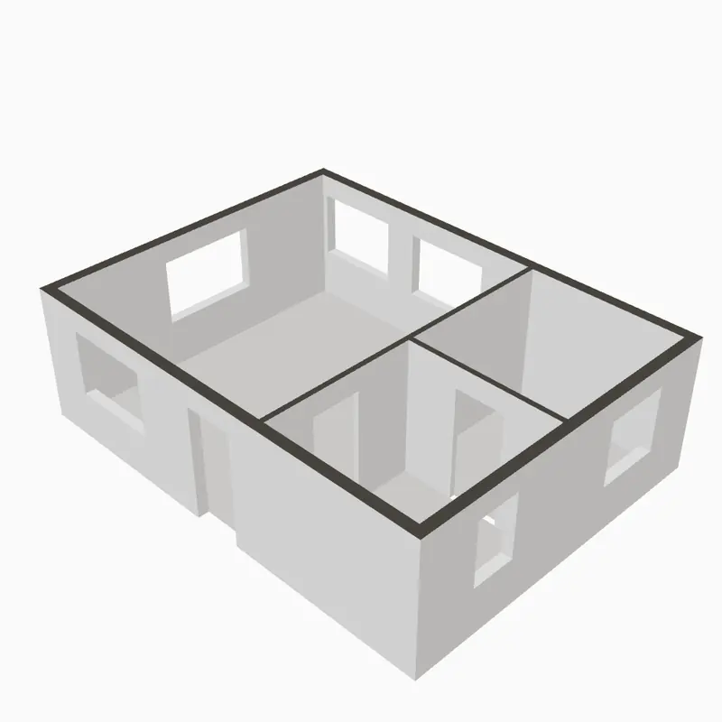 Den samme leiligheten i 3D, sett fra siden med takene tatt bort.